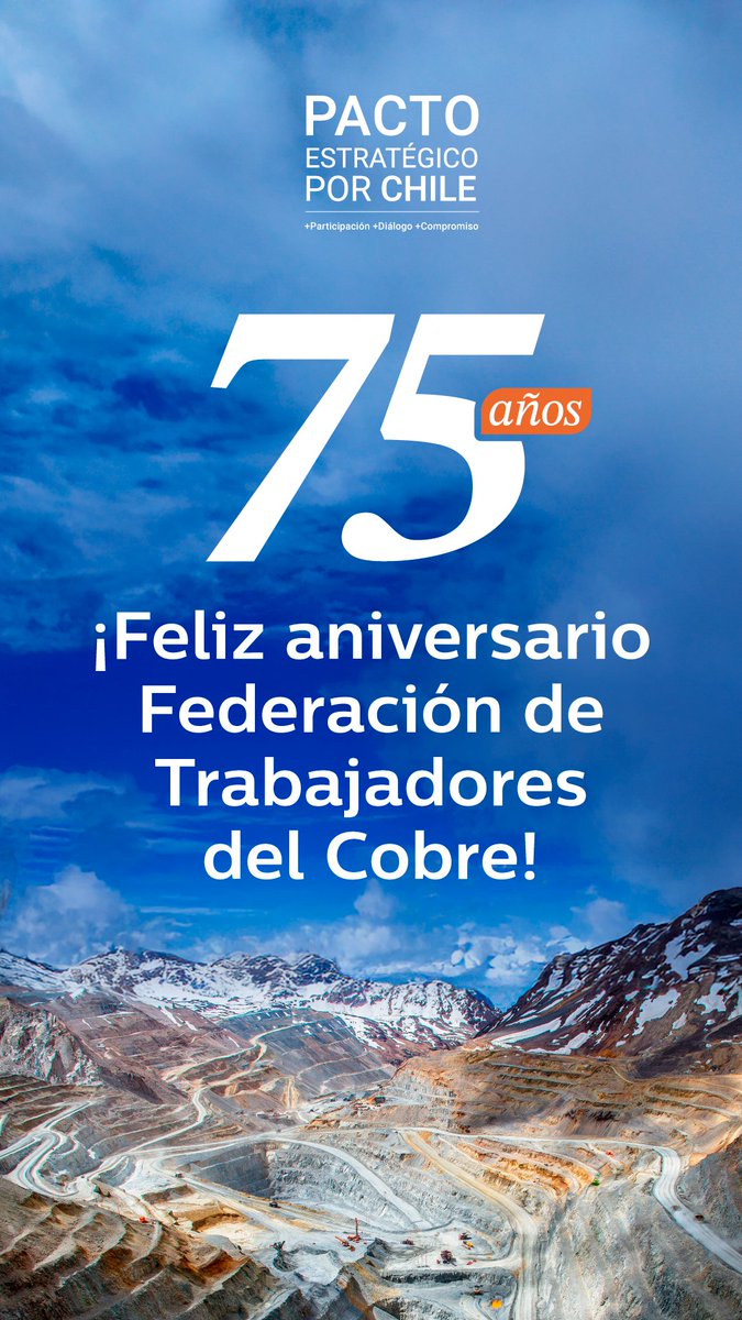 CodelcoChile's tweet photo. 👏 ¡Felices 75 años a la Federación de Trabajadores del Cobre (FTC)!.
💪👷‍♀️👷‍♂️ Desde Codelco destacamos su valiosa trayectoria y su aporte histórico al desarrollo de la Corporación y a la representación de sus trabajadores y trabajadoras. https://t.co/tDiUCkeTdt