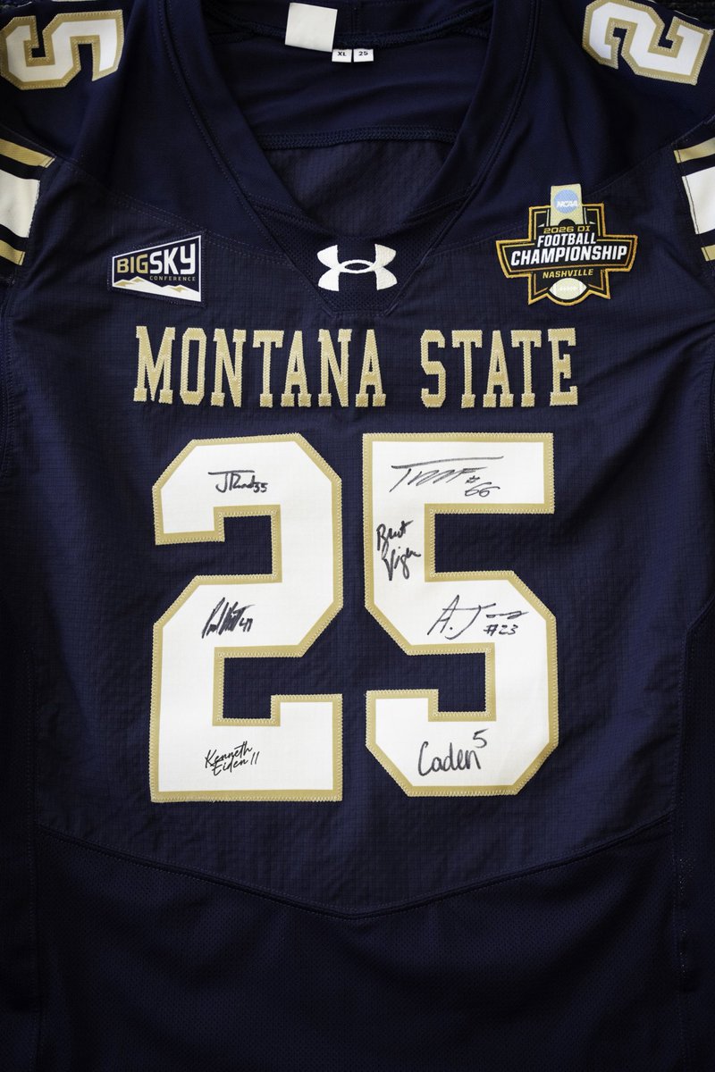MSUBobcats_FB's tweet photo. The bidding is now open for the 2025 Championship Jersey signed by Coach Vigen and the ‘25 team captains! Bidding will be open until 12 pm on Wednesday 3.25!

Bid now: https://t.co/HyORjImENK

#BobcatBuilt https://t.co/NLlPudotLw