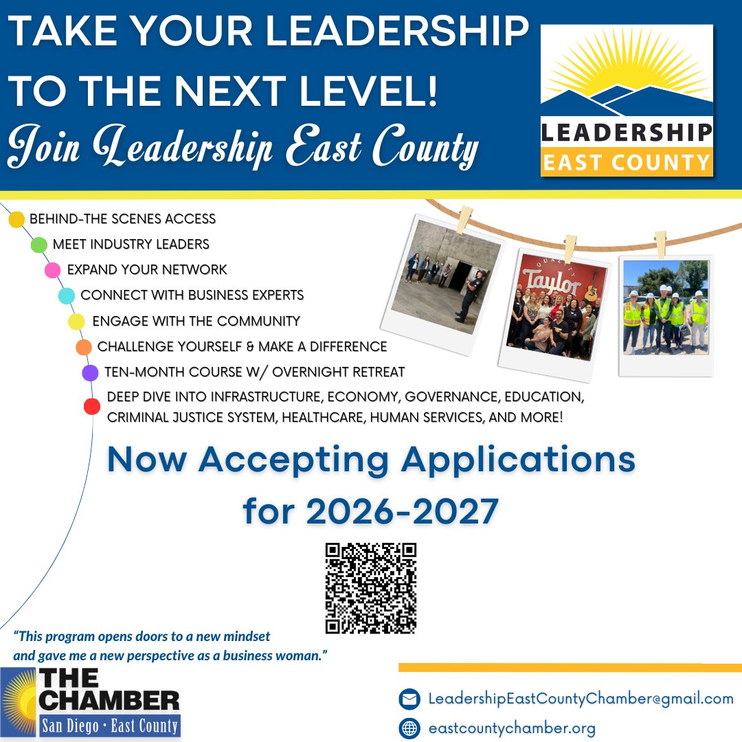 sdeccc's tweet image. Take an in-depth look at #EastCounty while expanding your connections and network by joining #LeadershipEastCounty - curious? Apply today: eastcountychamber.org/leadership-eas…