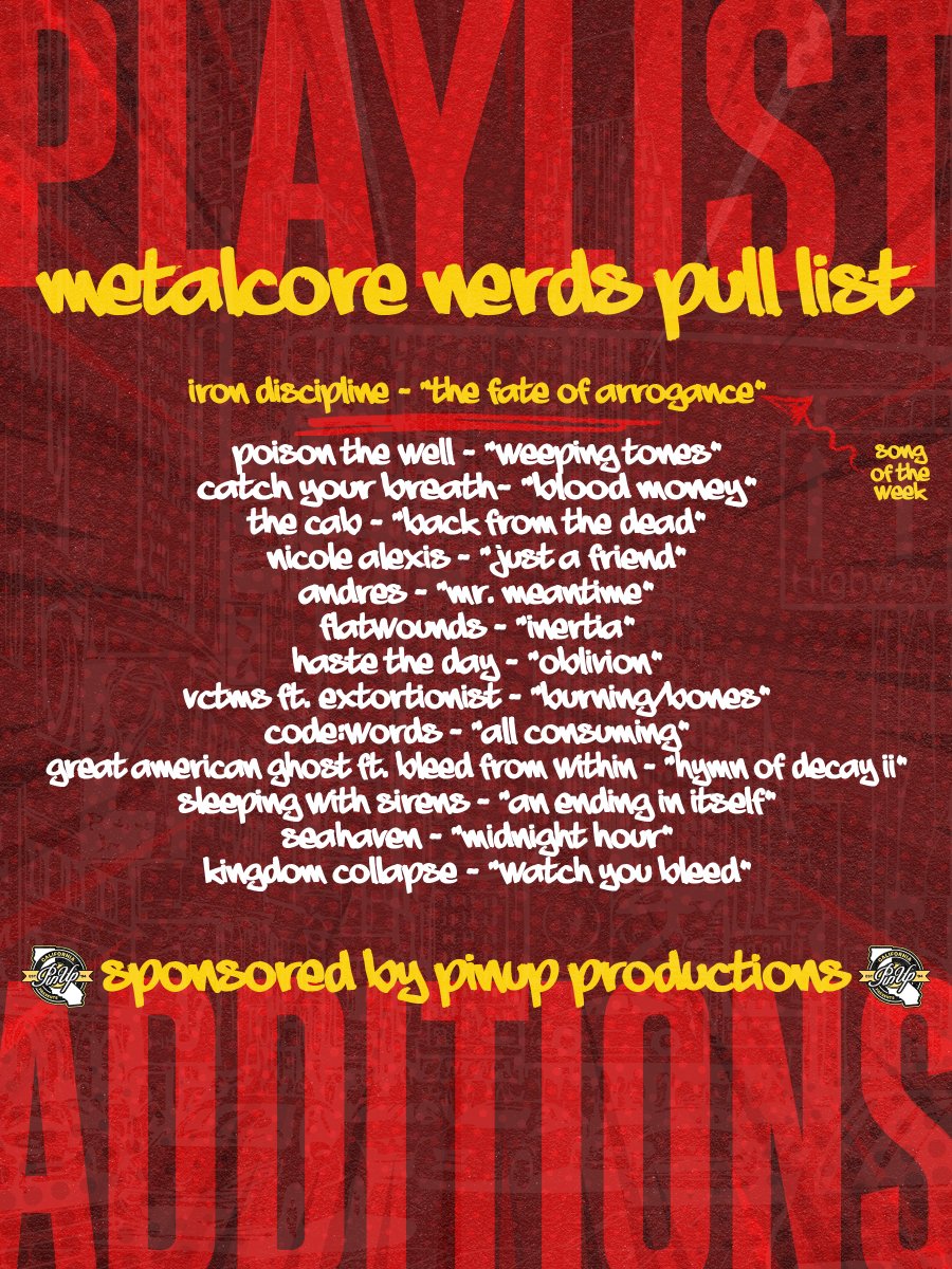 MetalcoreNerds's tweet photo. Song of the Week: Iron Discipline "The Fate of Arrogance"

Check out the Metalcore Nerds Pull List Spotify Playlist: https://t.co/uqg3L0ZqWA

New additions @POISON_THE_WELL @CYB_TX @TheCab  @flatwoundsny @hastetheday @VCTMSIL @GAGBOSTON @SWStheband @seahaventweets https://t.co/UJjq67Pxp3