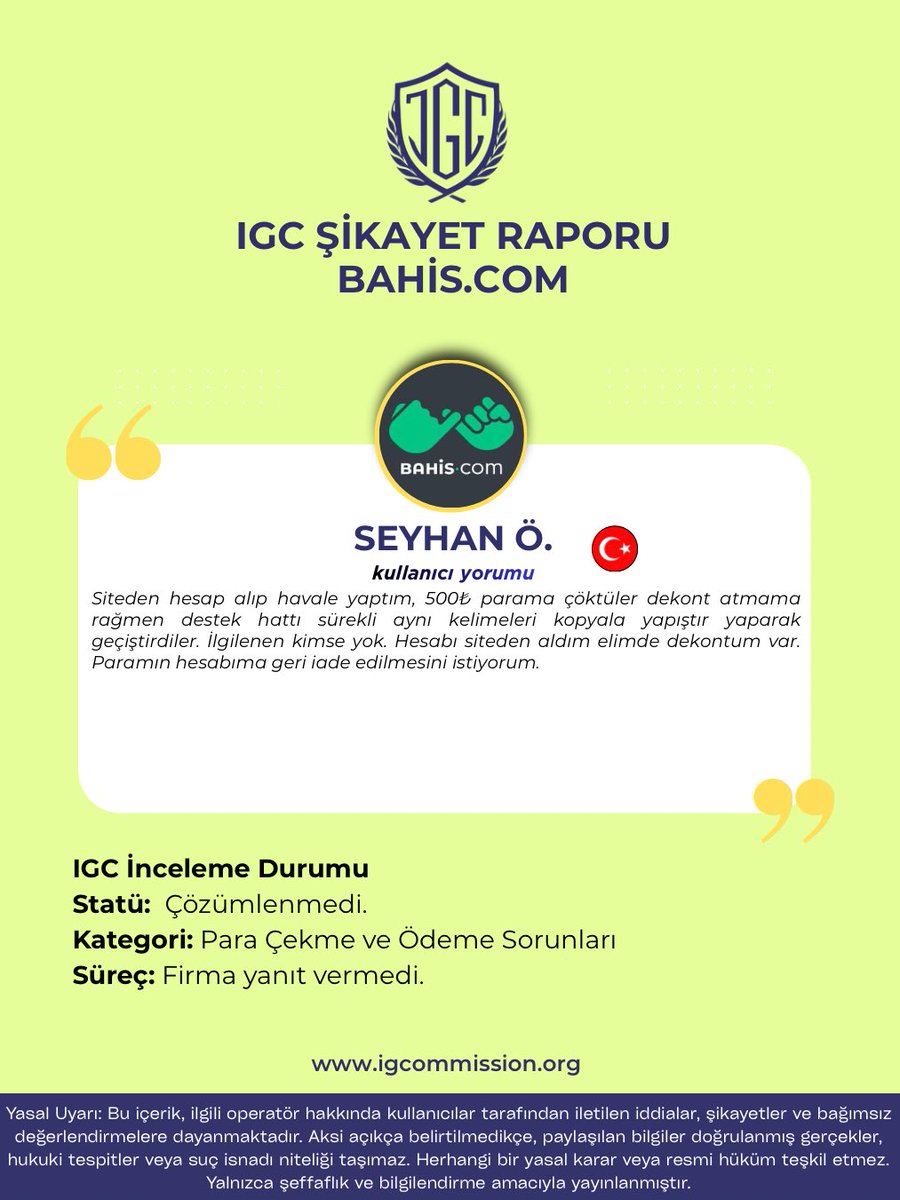 igcommissiontr's tweet photo. 🚨 Şikâyet Bildirimi

Firma: https://t.co/01fTCRrf0C
Durum: Çözümlenmedi.

Sorun: Para Çekme ve Ödeme Sorunları
Süreç: Firma yanıt vermedi.

🔗https://t.co/HX6uZAVY04

#casino #IGCommission #şikayet #Igaming #bahis https://t.co/pRCXL78GfM