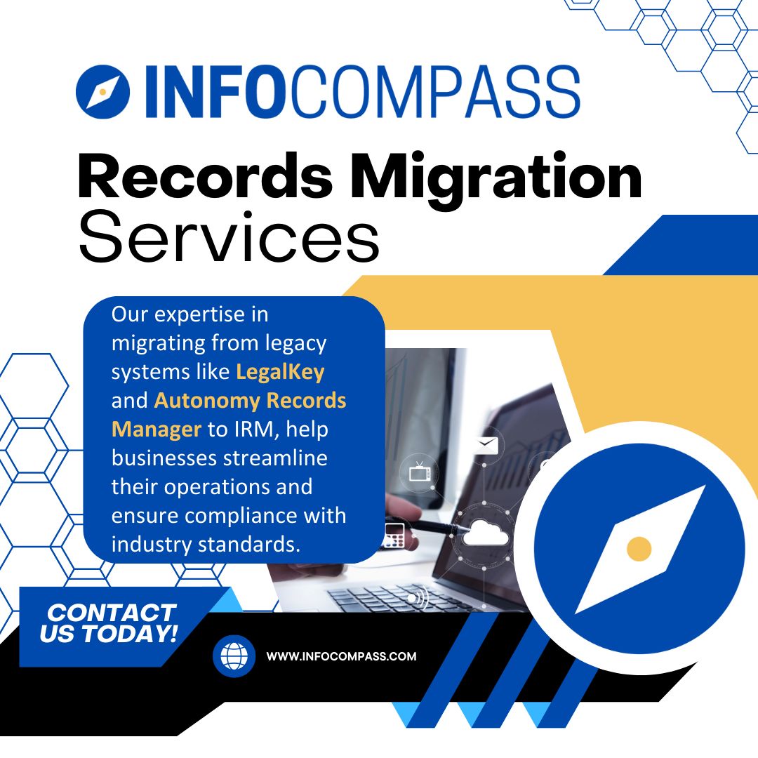InfoCompassInc's tweet image. LegalKey? Autonomy Records Manager? Our expertise in migration to IRM helps businesses streamline their operations and ensure compliance with industry standards. 
buff.ly/KNaC65n 

#infocompass #IRM #IDM #IRMExperts #ARMA #iManage #InfoGov #InformationGovernance #InfoSec