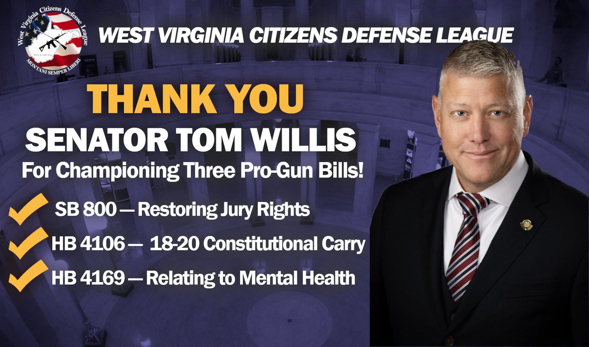 #WVCDL thanks  <a href="/TomWillisWV/">TomWillisWV</a> for his leadership this session.

Despite criticism from out-of-state groups, three WVCDL priority bills advanced through SEN JUD and now await the signature of <a href="/wvgovernor/">Governor Patrick Morrisey</a>.

Thank you for your service to #WV!

#wvpol #rkba #2a