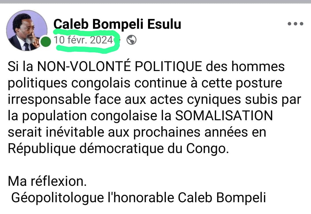CalebBompeli's tweet photo. J'ai écrit sur la SOMALISATION de la RDC en 2024 et voilà aujourd'hui le Docteur en Résolution des Conflits Politiques Président Joseph Kabila en a parlé.
#RDC @AleshOfficiel
@chauffeur243 @CNangaa #kabila https://t.co/BACCLtbQvN