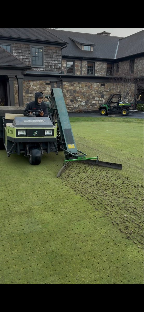 CCHGrounds's tweet photo. After a wet start, day 1 of greens aeration is finished. Deep tine aeration was followed by core aeration and harvesting. Tonight, the greens will air out, and sand topdressing starts tomorrow. https://t.co/hcqgCNAzPS