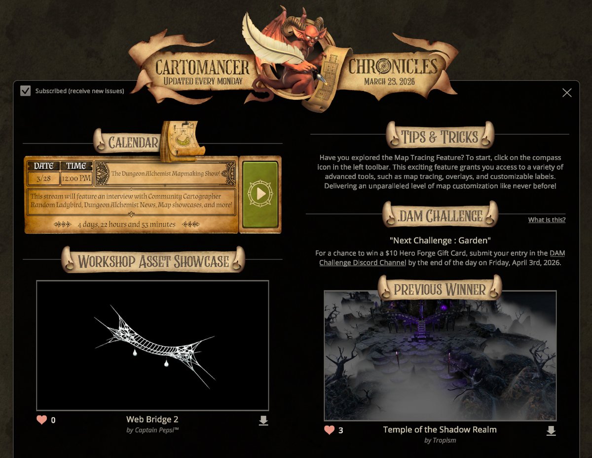 DungeonAlchemi1's tweet image. The Cartomancer Chronicles are now available!

Every week, we release an interactive newsletter packed with cool information about map-making and upcoming events.

Read it by selecting Cartomancer Chronicles from the top menu of Dungeon Alchemist⚗️

#IndieDev #GameDev #mapmaking