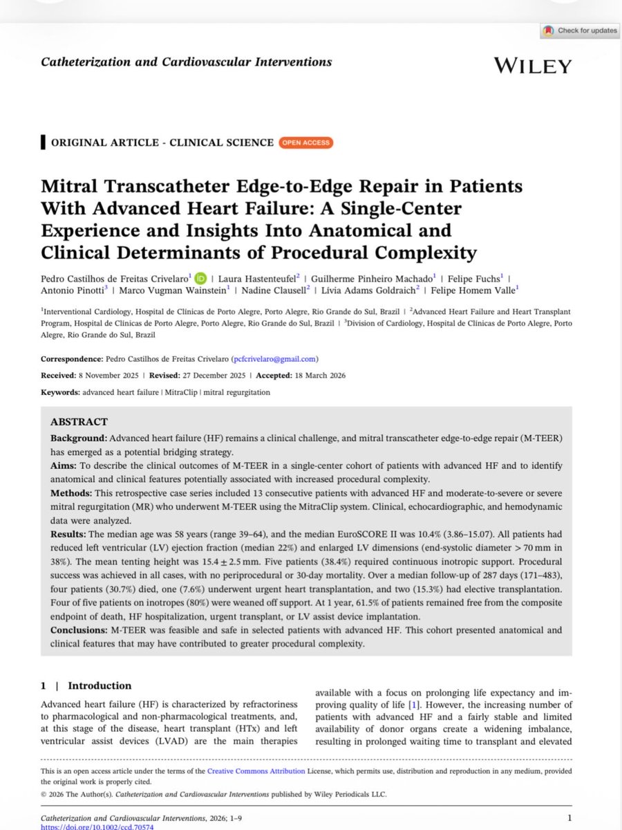 pedro_crivelaro's tweet photo. Very happy to share the publication of my PhD research in @ccijournal !
We report a case series of mitral M-TEER in patients with advanced heart failure, performed at @hcpa_oficial, and discuss clinical and anatomical factors that increase procedural complexity in this setting. https://t.co/iC4fNjYo8g