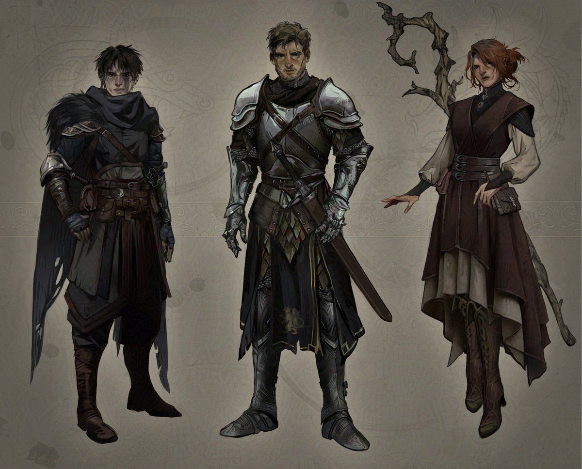 generic fantasy OC line-up >:)
redesigned over decade-old OCs from a repurposed story that's still under construction on my th 🙏

left to right> Faerys, Thaldrik, Myravelle 
(used to be placeholder names, but they grew on me)