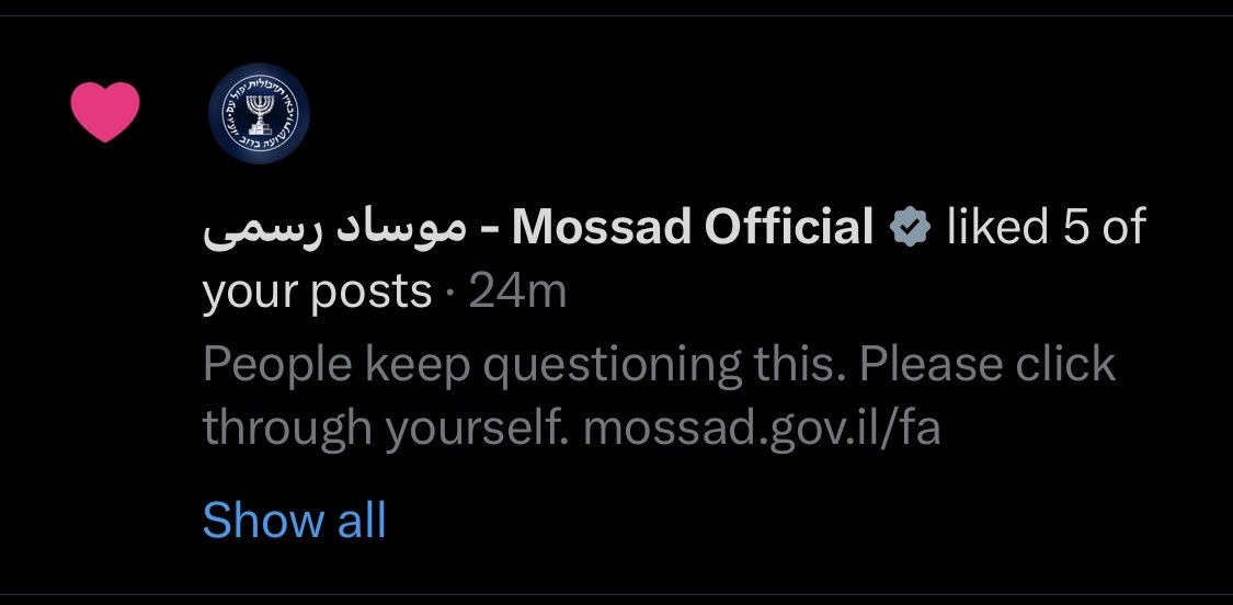 stephsvox's tweet photo. And FINALLY FINALLY …. Now the REAL Mossad @mossad_fa has a gray checkmark and like I said on the thread about their warnings and new X account in the post above they have only ONE account per channel. THANK YOU FOR YOU ATTENTION TO THIS MATTER! 🇮🇱🇮🇱🇮🇱🇮🇱🇮🇱🇮🇱🫡🫡🫡🫡🫡 https://t.co/08MX22WZcf