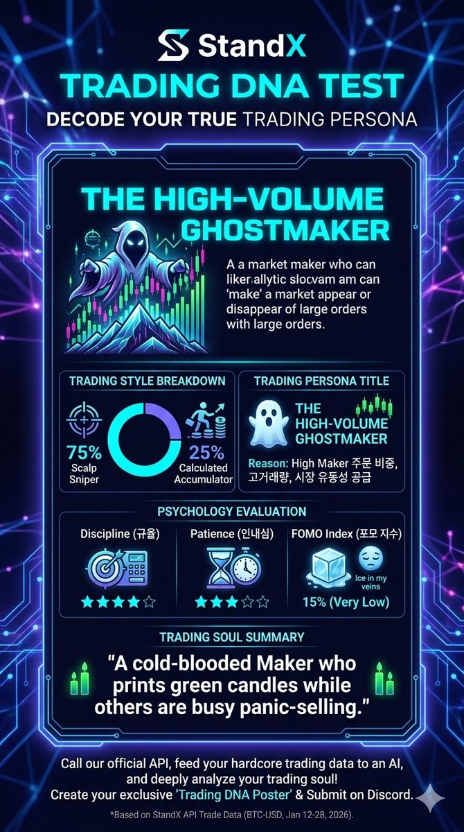 📊 Style: 75% Scalp Sniper | 25% Accumulator 🏆 Persona: The High-Volume Ghostmaker 🧠 FOMO Index: 15% (Ice in my veins)
"A cold-blooded Maker printing green candles while others panic." 🕯️
Check yours via StandX API! <a href="/StandX_Official/">StandX</a> #StandX #TradingDNA #Web3 #BTC