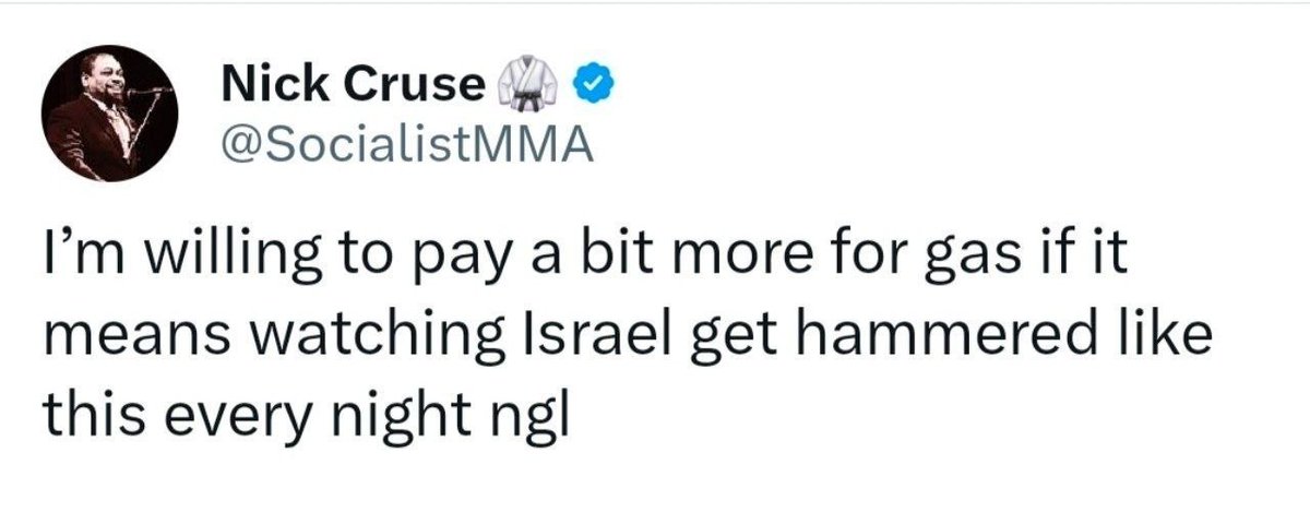 US journalist Nick Cruse on Iran's missile strikes on occupied territories:

"I’m willing to pay a bit more for gas if it means watching Israel get hammered like this every night ngl"

Follow: T.me/presstv