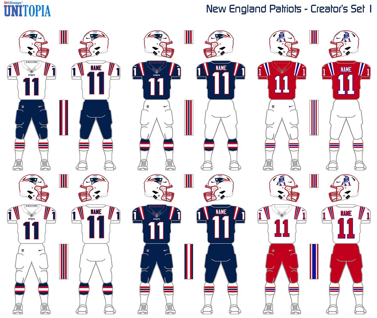 NFLUniSmags's tweet photo. New England #Patriots - Unitopia: Issue #27

An attempt at a marriage between their classic and modern uniforms, specifically the designs &amp; structure of the former with the aesthetic of the latter. The classics may also serve as the primaries.

More description in the ALTs. https://t.co/1085EaJOPS