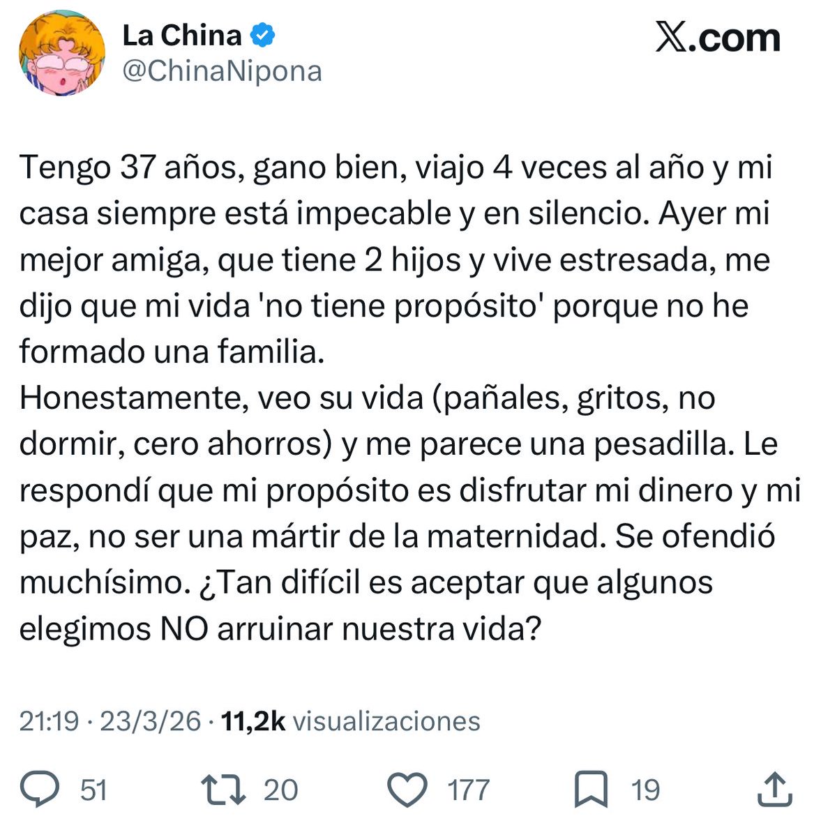 No considero que sea arruinarse la vida pero no todas las personas tenemos los mismos deseos y tener hijos no es mas importante que tener una vida en paz sin ellos, eso lo elije cada uno.