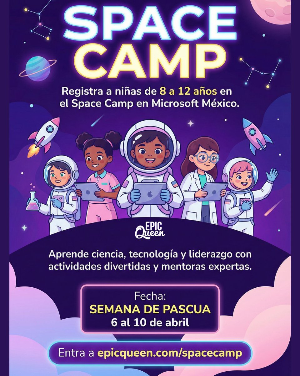 EpicQueen's tweet photo. ¿Te has preguntado qué pasaría si tu hija pudiera diseñar su propio robot o programar su propia misión espacial? 🛰️ En nuestro Space Camp, ella puede. Niñas de 8 a 12 años, ¡vamos a explorar! Inscríbela https://t.co/xTQ8ILgsAi https://t.co/Du9TiUNyQQ