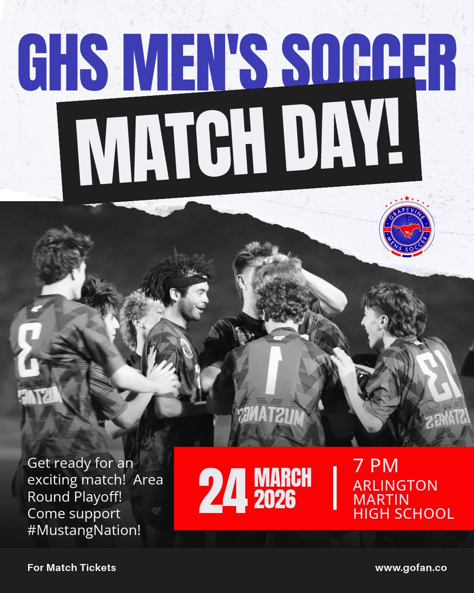 Area Round Playoff!  Come Support #MustangNation 👏👏 Let's DO This! 😤

🗓️Tuesday, March 24th 
⏰ 7 PM
📍Arlington Martin HS
🎟️ facebook.com/share/p/17ru2b…
Visit Link On FB OR - gofan.co 
<a href="/GVineAthletics/">GHS Athletics</a> <a href="/GCISD_Athletics/">GCISD Athletics Dept.</a> <a href="/Grapevine_HS/">Grapevine High School</a> <a href="/GMsportsmedia1/">GM Sports Media</a> <a href="/Gosset41/">Brian Gosset</a>