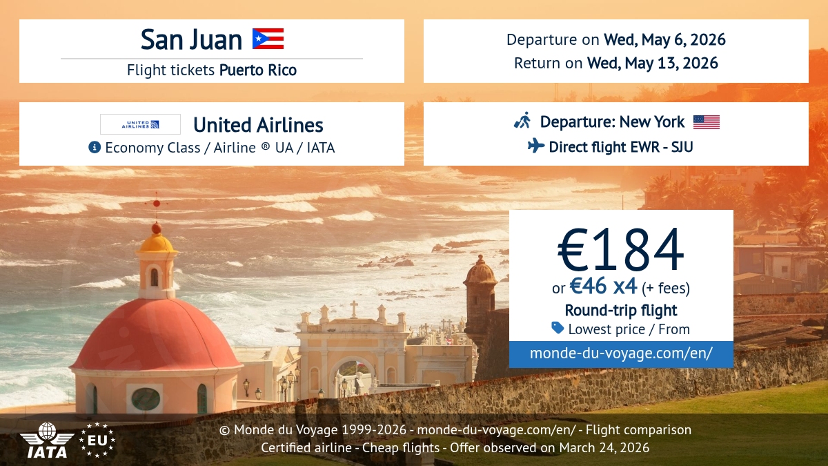 Monde_du_Voyage's tweet image. Cheap round-trip ✈️ New York 🇺🇸 → San Juan 🇵🇷 on United Airlines UA, direct non‑stop, from just 184€ 🤩 Payment in 3X or 4X available 💳 promo flight, discount fare, low price, smart deal! #flightdeal #cheapflights #UnitedAirlines #NYC #PuertoRico monde-du-voyage.com/en/puerto-rico…