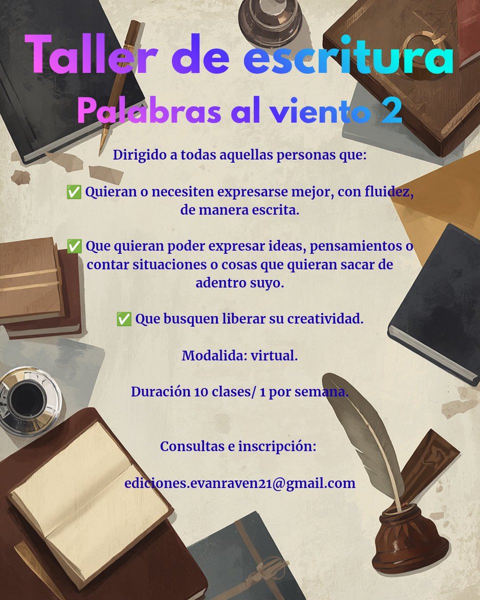 Evanraven_libro's tweet photo. Taller de escritura Palabras al viento 1

Dirigido a escritores que quieran perfeccionarse.

✅ Desarrolo de ideas creativas.

✅ Creación de personajes.

✅ Herramientas para auto-corrección

Modalida: virtual.

Duración 10 clases/ 1 por semana. https://t.co/zogayv6R0n