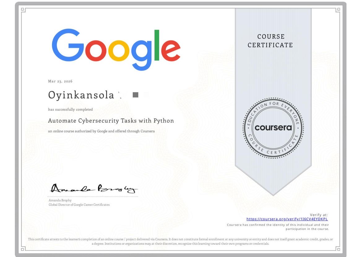 DAY 60-63/100
These past days, I’ve spent time with the 7th course in the Google Cybersecurity Career which has been really impactful learning how to automate cybersecurity tasks with the use of Python.
<a href="/jay_hunts/">zʇunH ʎɐſ ɐsɐɟnW 🦁🦁🦁🦁</a> <a href="/cyberjeremiah/">Ezechi Jeremiah</a> 
#100DaysOfCyberSecurity