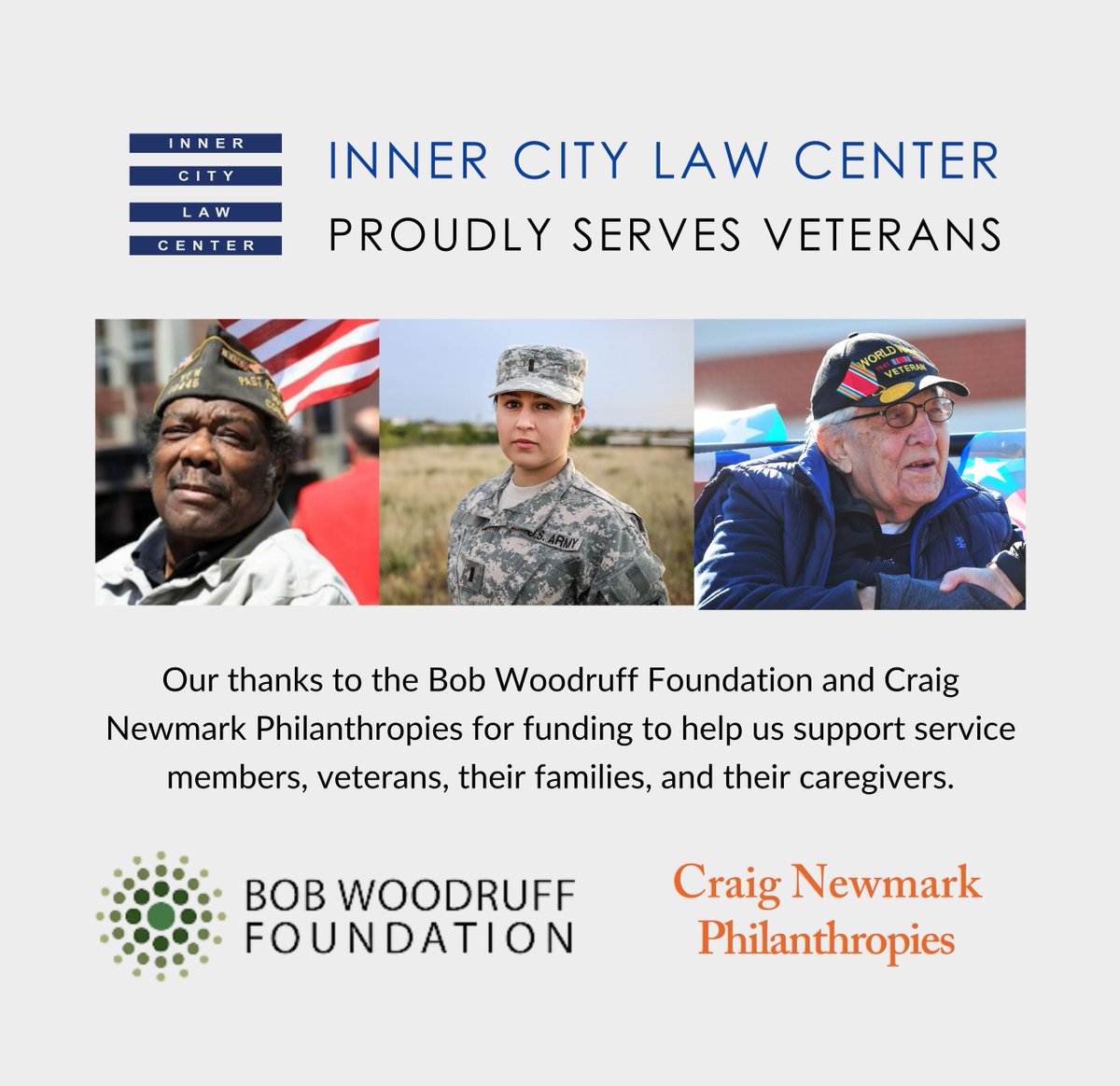InnerCityLaw's tweet photo. Inner City Law Center is proud to be a member of the Bob Woodruff Foundation's #GotYour6 Network! Our thanks to @bwforg  and @craignewmark Philanthropies for this funding to help us support service members, veterans, their families, and their caregivers. https://t.co/kbKtpJNZJg