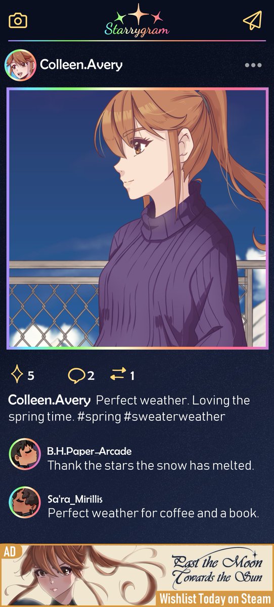 Lunautuma's tweet photo. ✨Starrygram✨
Colleen.Avery Perfect weather. Loving spring time.
🎮 Wishlist on Steam
#Indiegame #VisualNovel #VNDev #MadeWithRenPy #PMTS https://t.co/w55oECG6eE