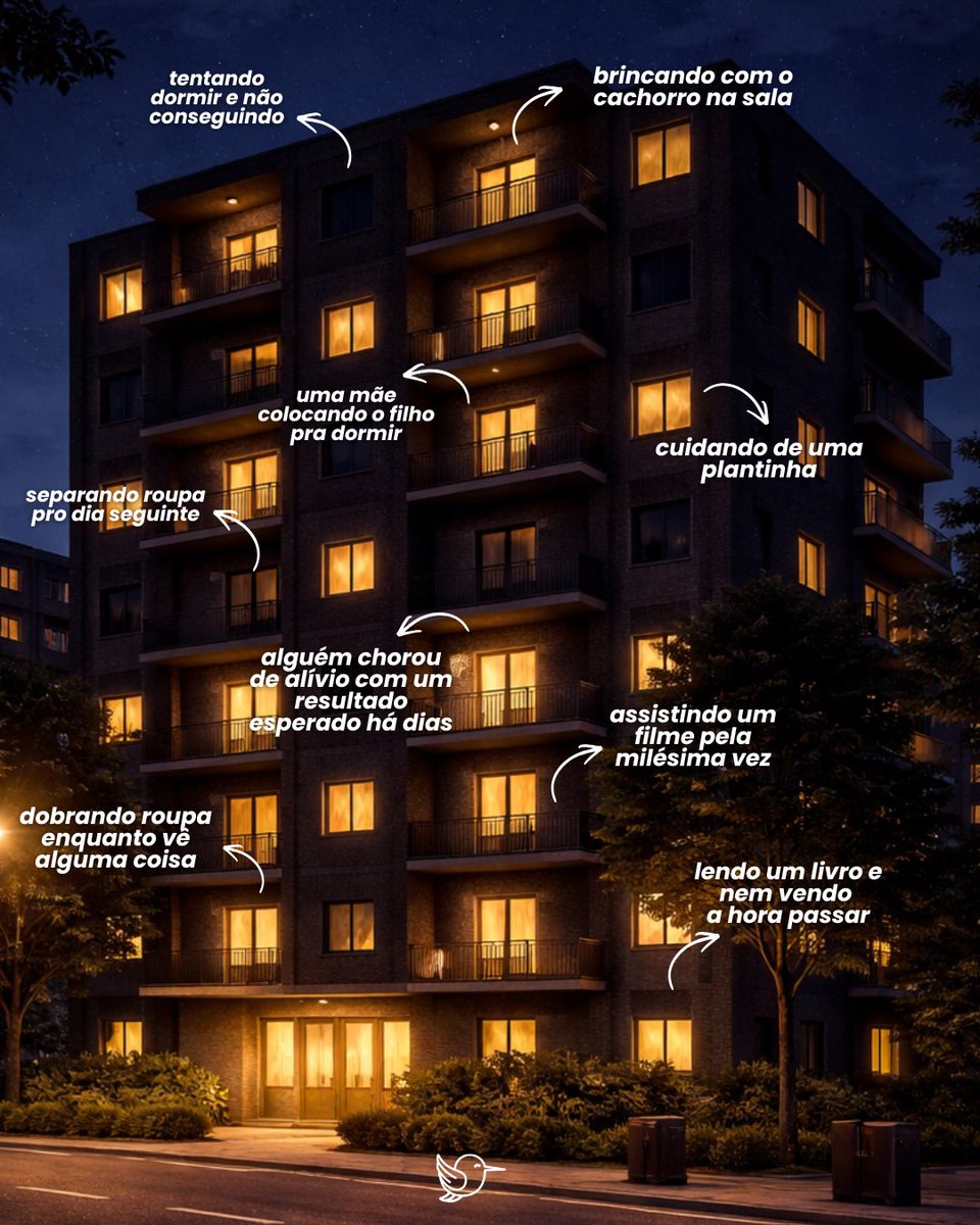 Cada janela acesa guarda um mundo.
Um medo, uma esperança, uma saudade.
Ninguém vive a mesma vida.

Cada um enfrentando o que só ele sabe.
Seja gentil. Sempre ✨