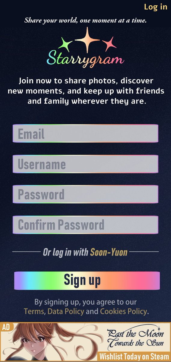Lunautuma's tweet photo. Join Starrygram and connect with your magical friends and family!
Coming soon: star-posts from the world of Past the Moon; Towards the Sun.
🎮 Wishlist on Steam
#Indiegame #VisualNovel #VNDev #MadeWithRenPy #PMTS https://t.co/i851R9orEc