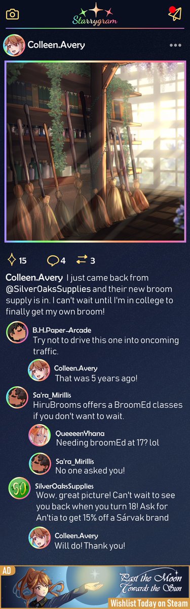 Lunautuma's tweet photo. ✨Starrygram✨
Colleen.Avery I just came back from SilverOaksSupplies and their new broom supply is in. I can't wait until I'm in college to finally get my own broom!
🎮 Wishlist on Steam
#Indiegame #VisualNovel #VNDev #MadeWithRenPy #PMTS https://t.co/kZKhOIOBMu