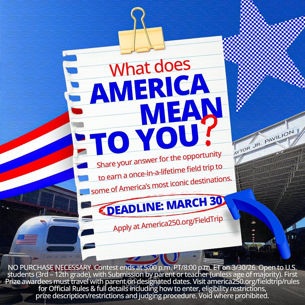 📍@cocacola Headquarters
📍@thebushcenter
📍@wwiimuseum
Through America’s Field Trip, students will earn travel to iconic destinations in cities across the country as part of #America250.

Students can enter by answering: “What does America mean to you?”

⏰ Deadline: March 30