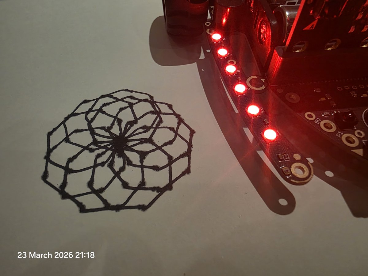 TsuiAllen's tweet photo. From planning on screen using @scratch to @MSMakeCode for #microbit using @4tronix_uk #BitBotPro to create design on paper. https://t.co/fCe4f5NZ9k