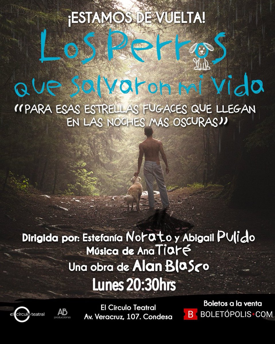 #FelizLunes iniciemos con buen teatro HOY #PasesDobles para “Los perros que salvaron mi vida” en en <a href="/CIRCULOTEATRAL/">El Círculo Teatral</a> 8pm. Una obra de Alan Blanco.
Solo RT+ Nombre