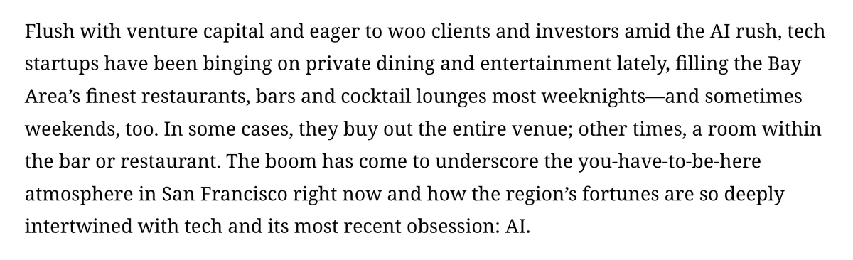 emrosenberg's tweet photo. I wrote about the new tech party scene in SF for @theinformation, amid the AI boom 

Out: In-your-face blow-outs 
In: Small dinner parties in private backrooms; intimacy, exclusivity and discretion over extravagance

And it's helping lift the sails of the restaurant industry in town
https://t.co/gZJ8wptAwZ