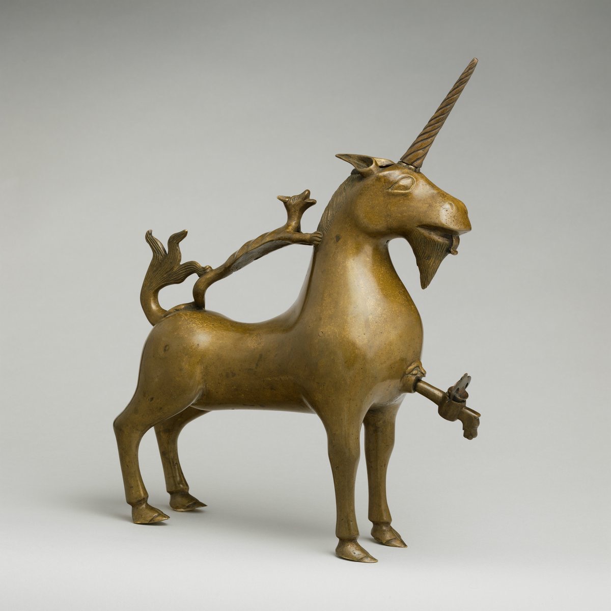 jdmccafferty's tweet image. Aquamanile in the form of a #Unicorn c. 1425–50, #German (Met Museum)  For handwashing at table.  Poured through a flap at the top, the water was later dispensed through the spigot in the unicorn’s chest.  

Some stylish hand hygiene here.
