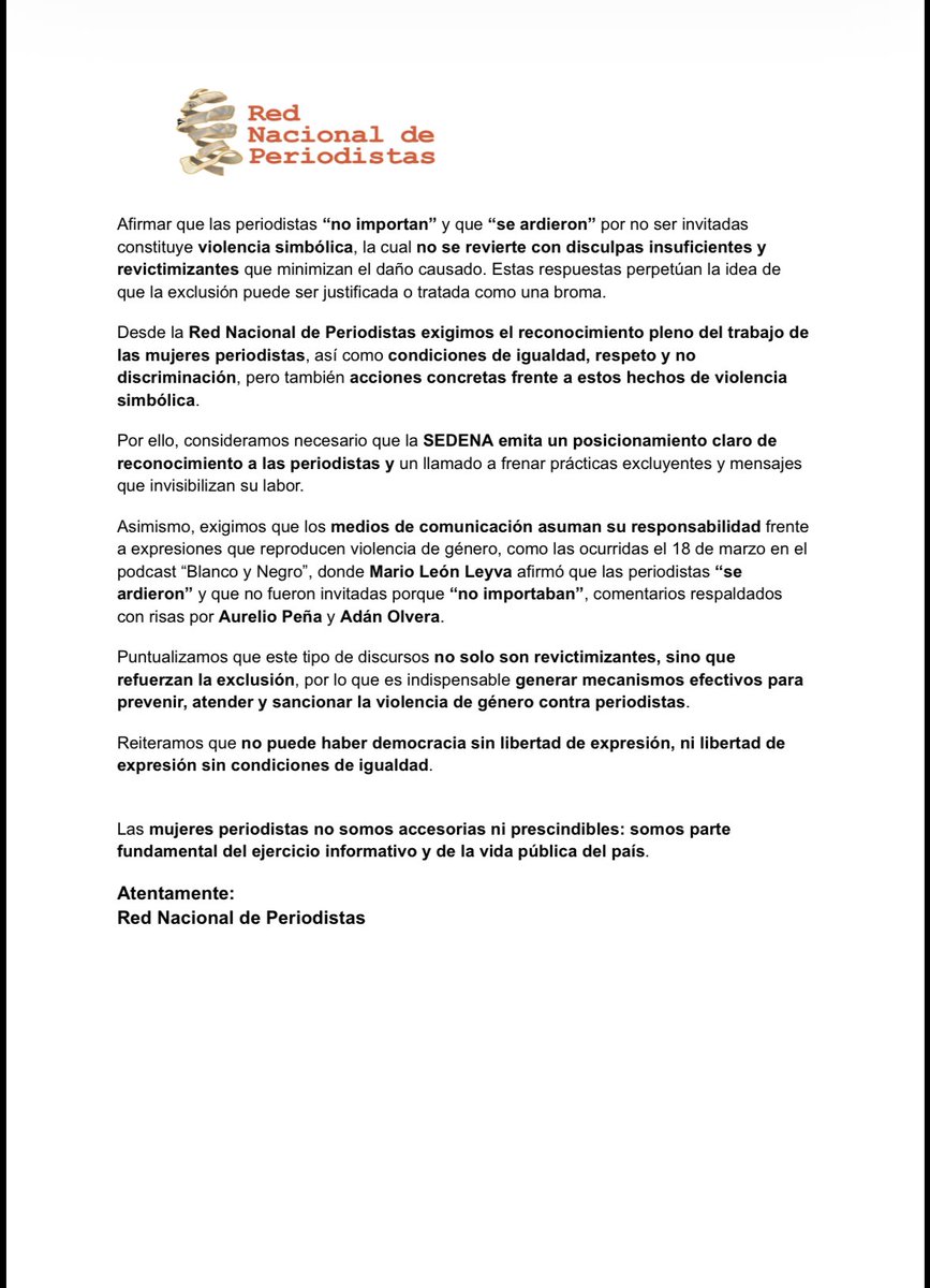 #MujeresPeriodistas #LasPeriodistasSiImportan
📣 La Red Nacional de Periodistas condena la exclusión de mujeres periodistas en Querétaro por parte de la <a href="/SEDENA_MEX/">EJÉRCITO MEXICANO</a> y las burlas que minimizan su labor. Excluir y decir que “no importan” es violencia simbólica.