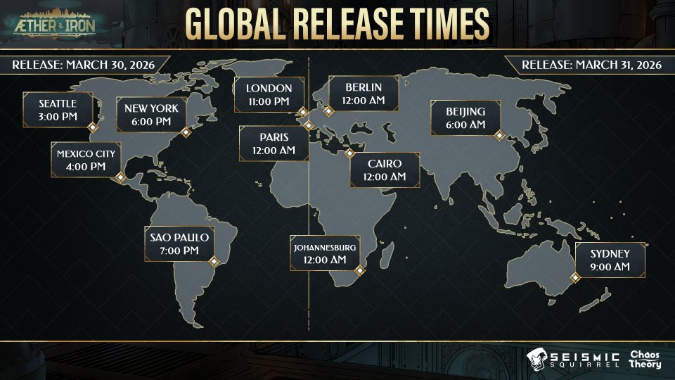 SeismicTweets's tweet photo. Aether &amp; Iron is almost here, just one more week until you're able to enjoy the full game. Check the graphic for the launch time in your region! Thank you to everyone who has been following along, watching dev diaries, and sharing feedback on the demo! #gamedev #AetherAndIron https://t.co/BNbtesxVWe