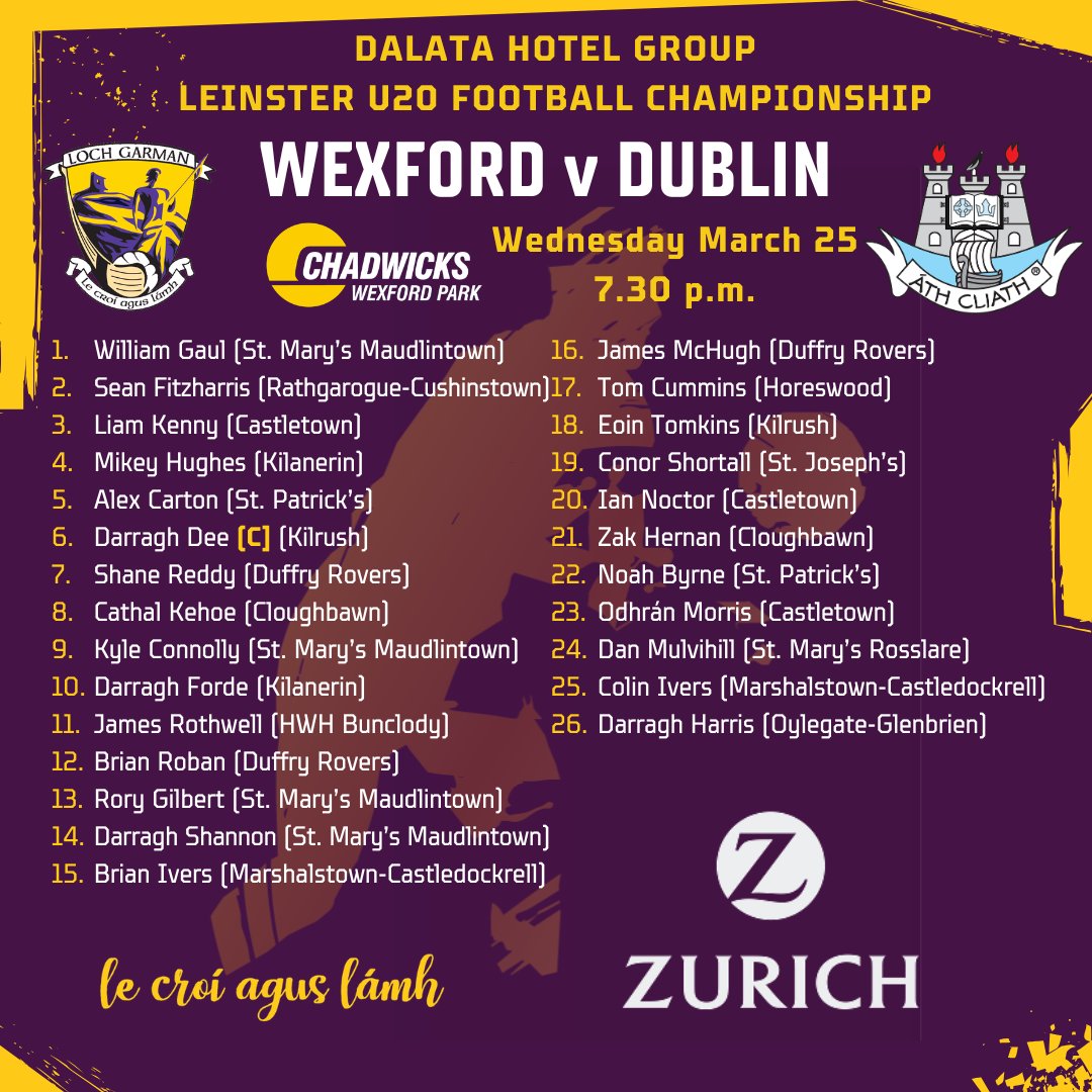 OfficialWexGAA's tweet photo. Here's our U20 football team, proudly supported by @Zurich_Irl, for Wednesday evening's championship opener v Dublin in @ChadwicksIE Wexford Park. We wish our side all the best.
🎟️https://t.co/qe0soa54Cr. Not available in shops.
🧒Free for U16s
📲Live updates here
📹Streaming by @clubber