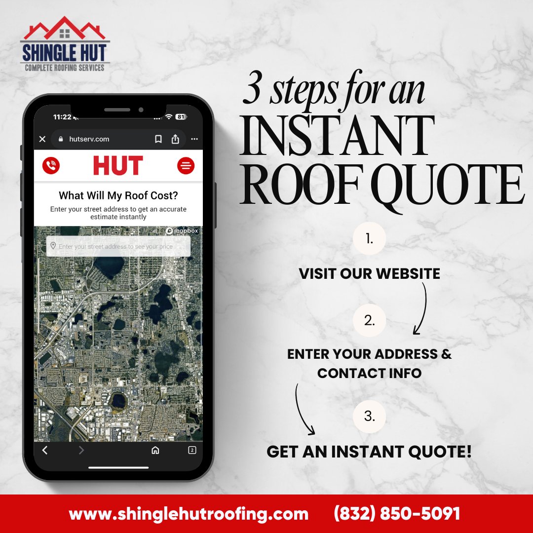 ShingleHut's tweet photo. Get an accurate roof estimate in 3 easy steps — right from your phone.
Busy Houston homeowners deserve fast answers they can trust, and our new Online Quote Tool delivers exactly that. https://t.co/08WpqetQ9G