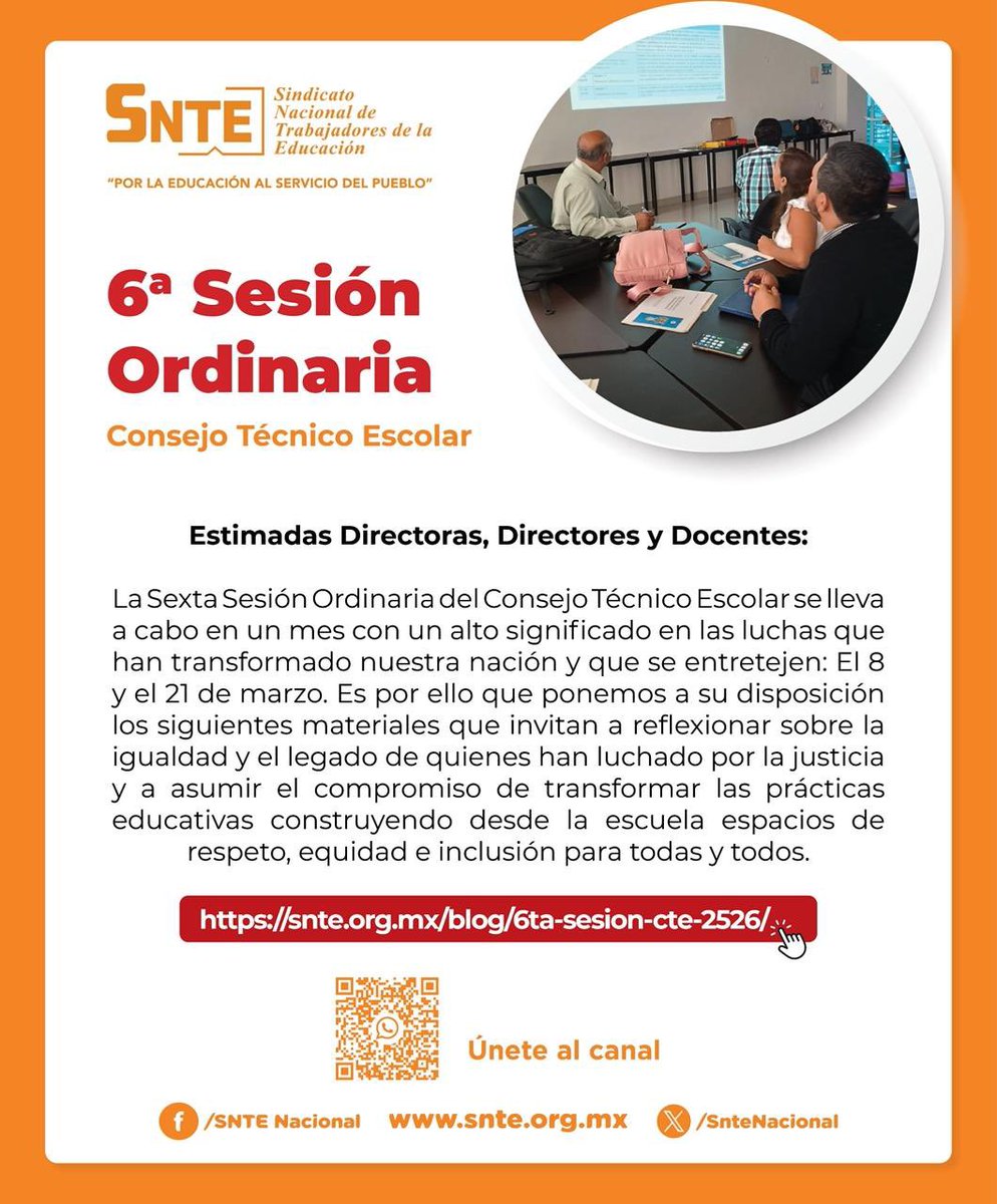 SnteNacional's tweet photo. ¡Información importante!

👩🏻‍🏫👨🏻‍🏫 En la 6a. Sesión Ordinaria del Consejo Técnico Escolar, reflexionaremos sobre igualdad y justicia, honrando el legado del 8 y 21 de marzo, construyendo escuelas de respeto e inclusión.
Más información:
👉 https://t.co/xqQjiMkrvX https://t.co/8HwCZoARkM