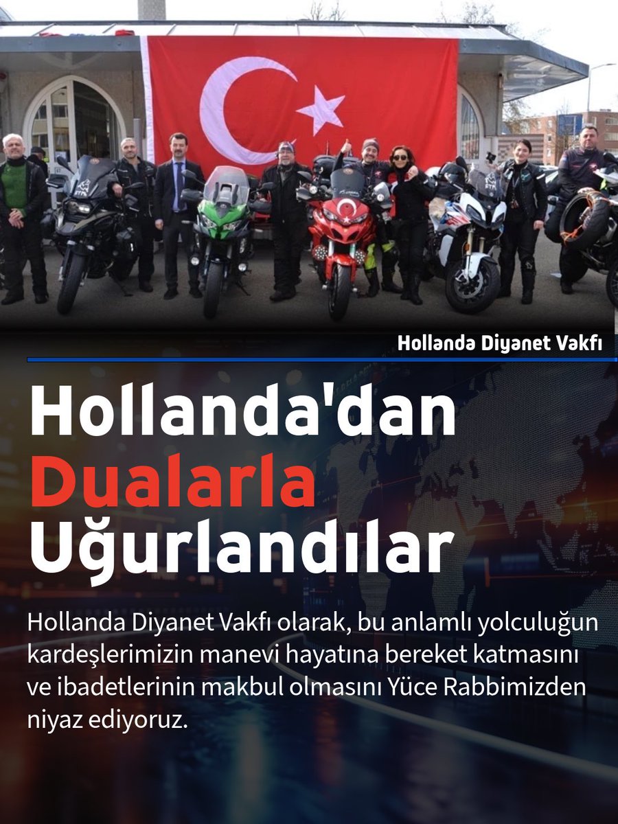 hdvhollanda's tweet photo. T-BIKERS Motor Kulübü üyeleri olan, farklı ülkelerden gelen 11 kişi, motorlarıyla gerçekleştirecekleri Umre yolculuğu için Eindhoven HDV Fatih Camii’nde düzenlenen programla uğurlandı. Ailelerin de katıldığı uğurlama programında duygu dolu anlar yaşandı.

Hollanda Diyanet Vakfı olarak, bu anlamlı yolculuğun katılımcıların manevi hayatlarına bereket katmasını, ibadetlerinin kabul olmasını ve seyahatlerini sağlık, güven ve huzur içinde tamamlamalarını Yüce Rabbimizden niyaz ediyoruz.

#eindhoven #hollanda #motor #umre #yolculuk