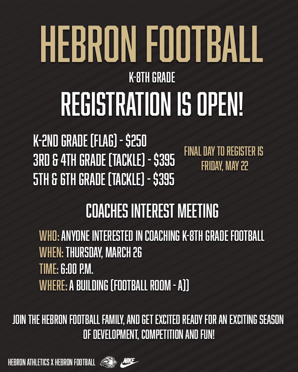 hcaathletic's tweet photo. YOUTH FOOTBALL REGISTRATION‼️

It’s time to register for youth and 7th/8th-grade football! There will also be an interest meeting this Thurs., March 26 in the A building (football room) for anyone interested in coaching K-8th-grade. 

Click 👇 to register
https://t.co/C0gUNXwcyg https://t.co/KDLseLwJ6h