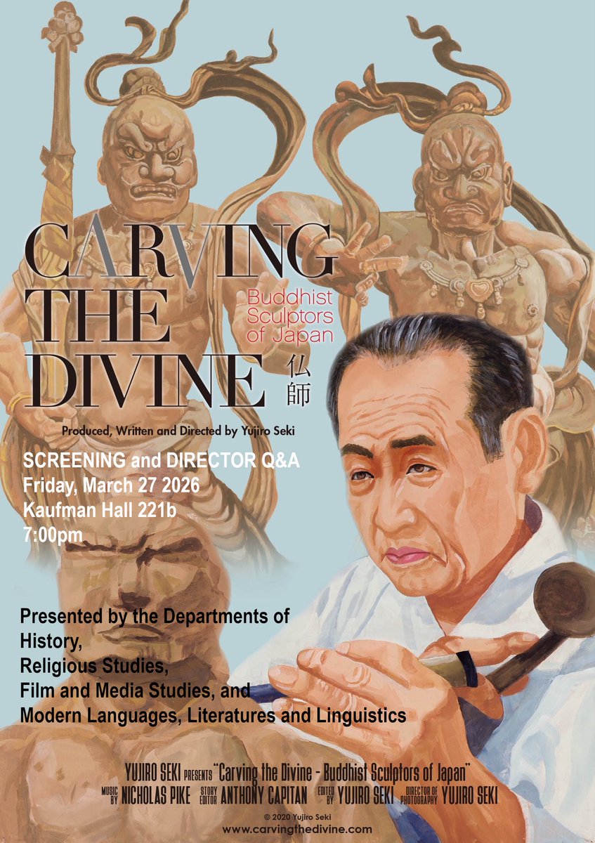 OUReligStudies's tweet photo. You are invited to join us on Friday, March 27 at 7 p.m. in Kaufman Hall Room 221b for a film screening of *Carving the Divine*, a documentary presenting traditional Japanese manufacturers of Buddha images, followed by a  virtual discussion with the Director Yujiro Seki. https://t.co/wQP8YDc71a