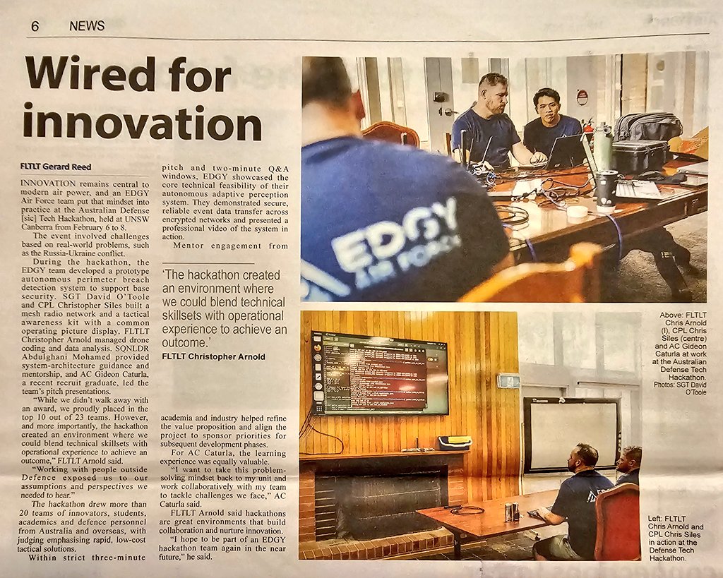 keirinjoyce's tweet image. Great story here from the 🇦🇺 Defence Tech Hackathon #ADTHackathon at @UNSWCanberra! Well done @UNSW and supporters! Im proud to have been a judge and particularly proud of the @AusAirForce #EdgyAF and #Jericho/UNSW Teams who both placed in top 10!
