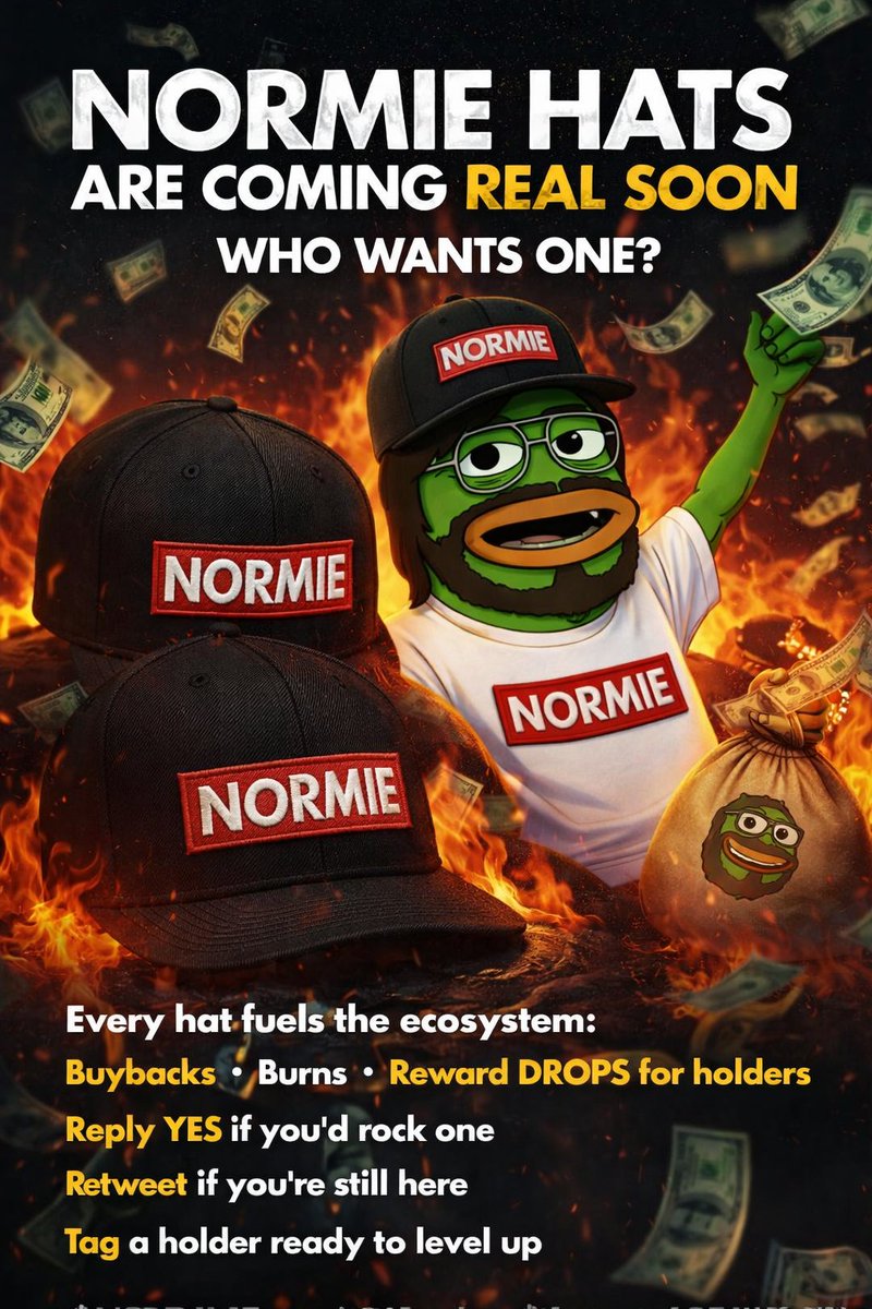 NormieCEO's tweet photo. Normie hats just went from “idea” to “yeah… these are getting worn everywhere.”

You asked for real-world moves. Here it is.

Clean. Blacked out. Red badge. No gimmicks.
This isn’t merch… it’s uniform.

Now here’s where it gets interesting:

Every hat sold fuels the ecosystem
Portion of profits goes straight back into $NORMIE
Buybacks
Burns
Rewards for holders who stayed solid while everyone else folded

You don’t just wear it
You’re part of the supply squeeze

So let me ask you straight:

Who’s actually rocking one when these drop?

Reply YES if you want one
Retweet if you’re part of the real ones still here
Tag someone who needs to stop watching and start wearing

Normie isn’t just online anymore
We’re stepping into real life

$NORMIE #Solana #Crypto #Memecoin #Web3 #NFTCommunity