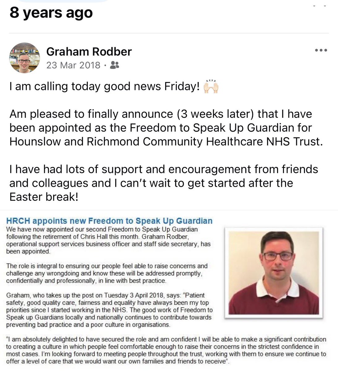 GrahamFTSUG's tweet photo. 8 years ago today!

Where does the time go?

Lots has changed but I am still as passionate about the role as I was when I started…

#FTSU @K_and_R_NHS @NatGuardianFTSU https://t.co/2UsYQkpHTE