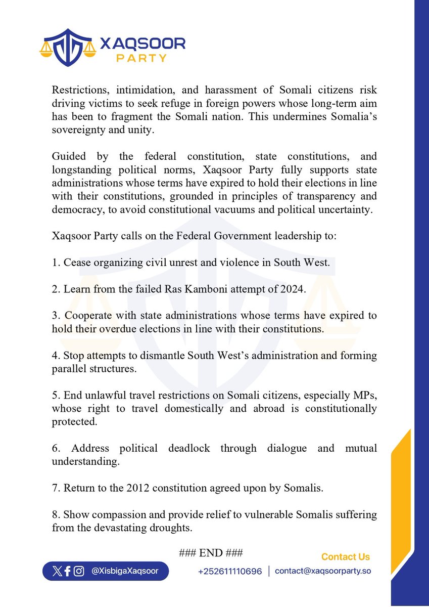 XisbigaXaqsoor's tweet image. Xaqsoor Party expresses its grave concerns regarding the approach taken by the #Federal Government of Somalia on the political issues in #SouthWest State of Somalia.

#xaqsoor