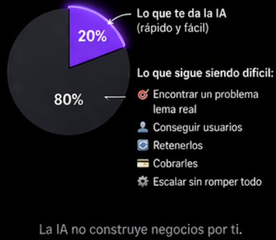 ASanchezMayo's tweet photo. El otro 80% sigue siendo igual (o más) difícil:

Encontrar un problema real
Conseguir usuarios
Retenerlos
Cobrarles
Escalar sin romper todo

Eso no lo hace la IA por ti. https://t.co/WNo6iYqyos