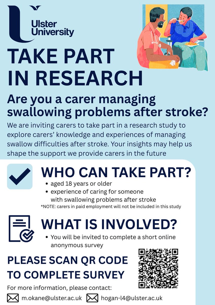 lauren_mohan's tweet photo. Delighted to finally share my survey for my MSc project. Please share with those who may be eligible to complete the survey. I hope information gathered will help shape future provisions for our carers managing swallowing difficulties after stroke https://t.co/kayGOcbryf