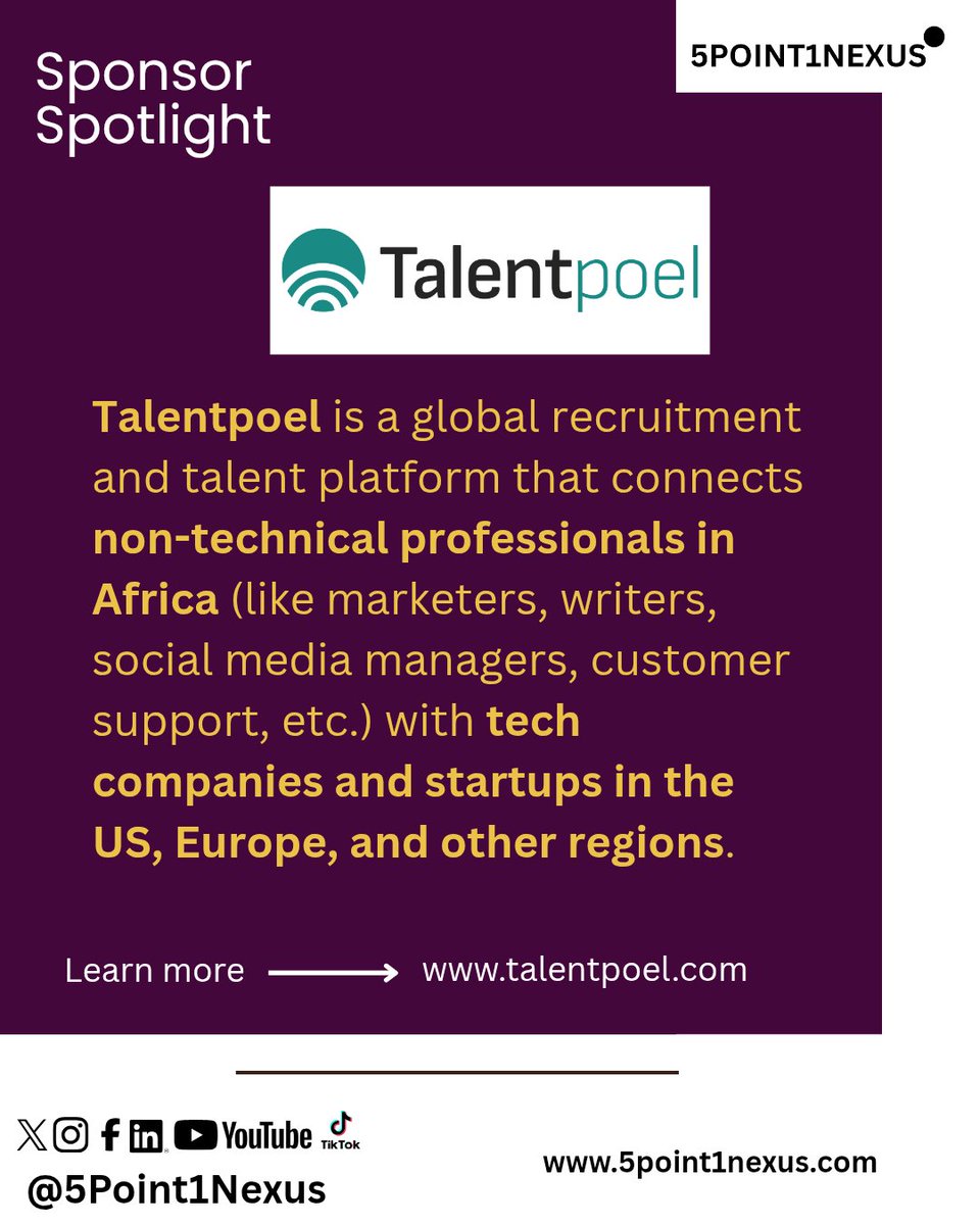 5Point1Nexus's tweet photo. Sponsor Spotlight: @talentpoel 

Connecting African non-tech talent—marketers, writers, social media managers, support pros—with tech startups globally.

Supporting African builders every step of the way! 🚀
https://t.co/f5RAHUhggn

#5Point1Nexus #TalentPoel #AfricanTech https://t.co/Cn1Q1kQXJg