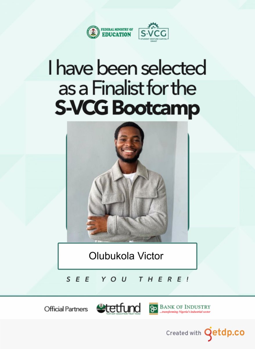 Victor_0lu's tweet photo. I’m excited to share that I’ve been selected as one of the final 65 innovators out of over 30,000 applications for the Student Venture Capital Grant (SVCG) by the Federal Ministry of Education @NigEducation. https://t.co/aCgpYhj2ZQ