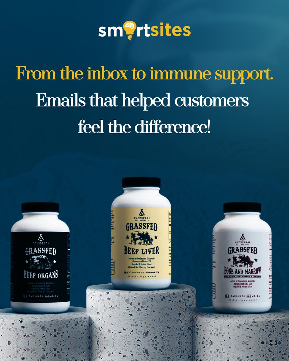 SmartSitesNJ's tweet image. Email marketing case study success for Ancestral Supplements! 

+23% Conversion Rate
+27% Click Rate
+34% Placed Order Rate

Email done right = revenue channel, not just a newsletter.

#EmailMarketing #EcommerceGrowth #CaseStudy #DigitalMarketing #SmartSites