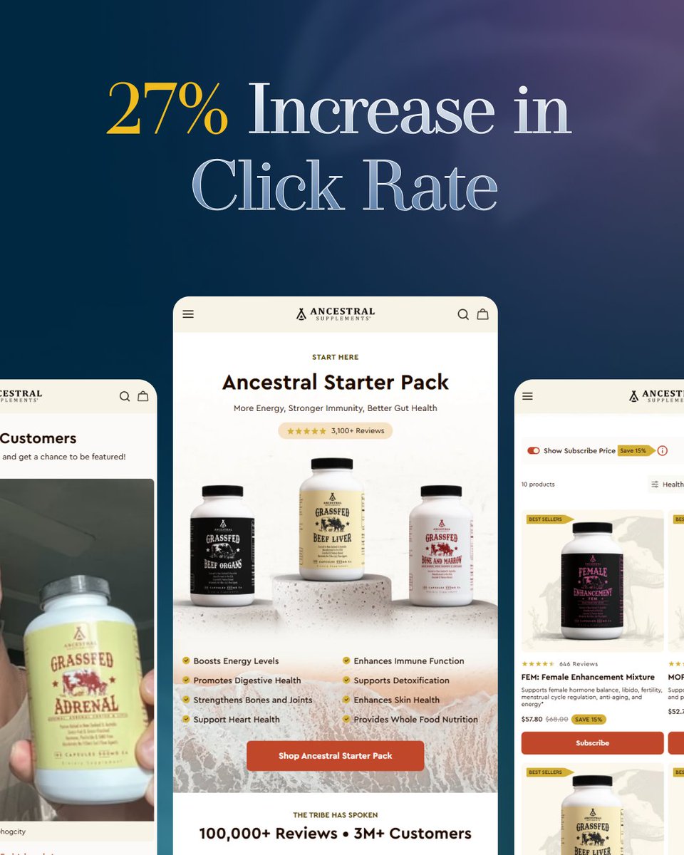 SmartSitesNJ's tweet image. Email marketing case study success for Ancestral Supplements! 

+23% Conversion Rate
+27% Click Rate
+34% Placed Order Rate

Email done right = revenue channel, not just a newsletter.

#EmailMarketing #EcommerceGrowth #CaseStudy #DigitalMarketing #SmartSites